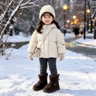 儿童加绒雪地靴2026冬款韩系小熊蝴蝶结厚底棉靴中大童保暖短靴