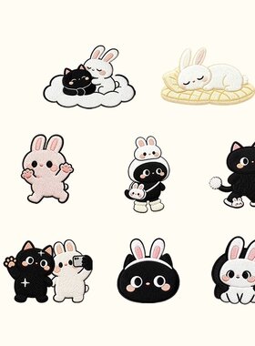 原创独家补丁贴衣服裤子破洞小号修补贴布原创兔宝小黑猫刺绣贴花