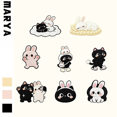 原创独家补丁贴衣服裤子破洞小号修补贴布原创兔宝小黑猫刺绣贴花