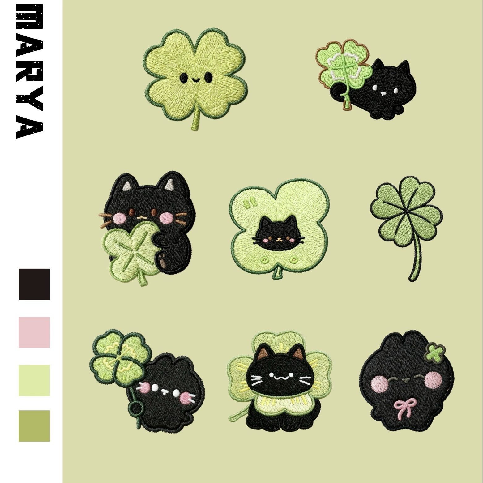 四叶草黑色猫咪刺绣补丁贴百搭时尚装饰手账本ipad手机壳包包布贴