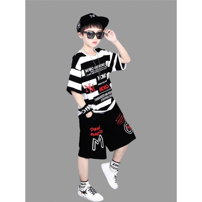 男童条纹套装10夏装洋气8新款儿童9运动休闲6衣服短袖两件套5-7岁