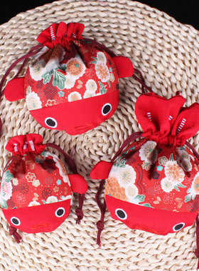 小可爱布袋金鱼喜糖袋子福袋子宝宝满月周岁大号袋子刺绣小号红色