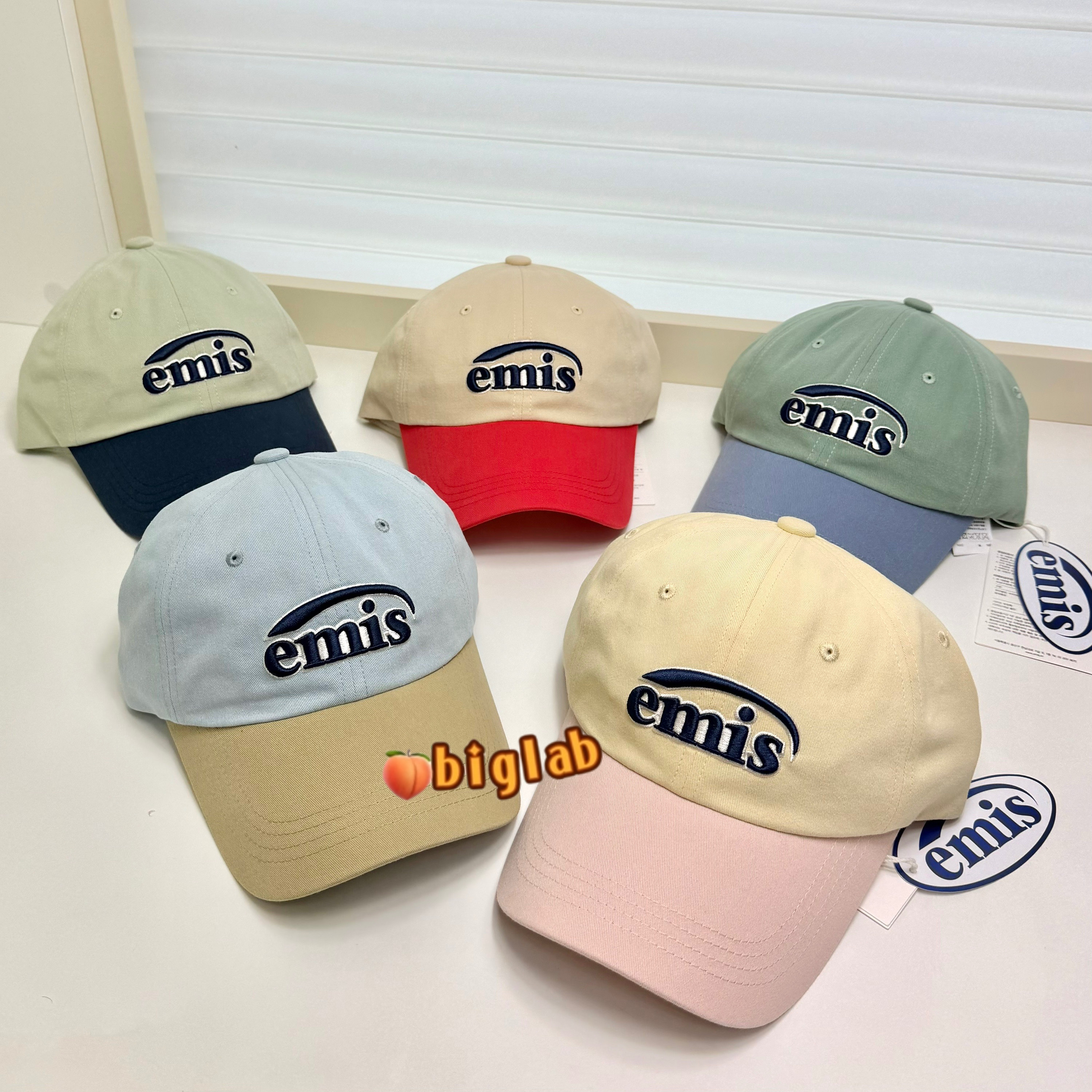 韩国emis新款撞色棒球帽男女同款大头围帽子韩系软顶拼色鸭舌帽