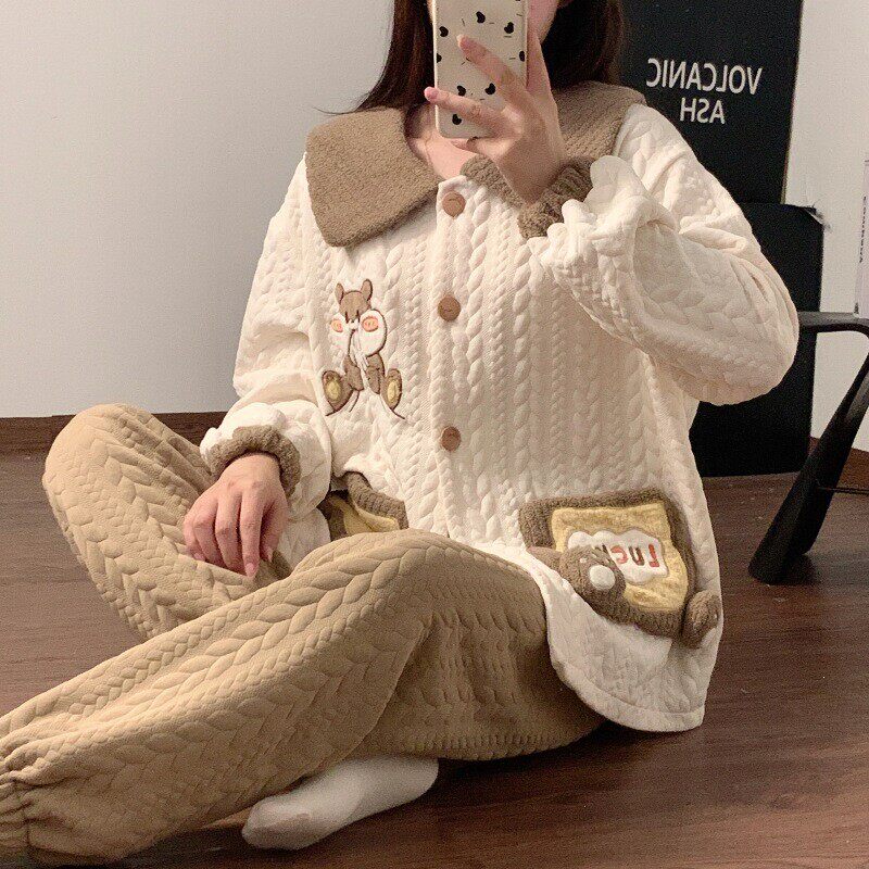 春秋冬睡衣女长袖长裤夹层空气棉睡衣/家居服套装