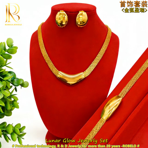 金弧盈月3件套装项链耳环手链豪华饰品 24K Gold Jewelry Set