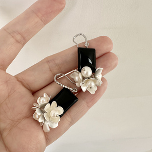 cc手作 原创银白之花花团锦簇天然黑玛瑙耳环耳饰耳夹百搭植物系