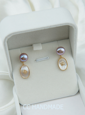 手作饰品天然贝壳吊坠耳环蚊香盘耳夹复古宫廷风淡紫色优雅珍珠