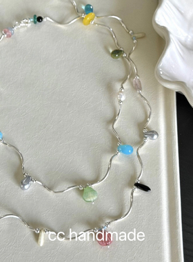 cc手作 贝壳波浪S925银管锁骨链项链捷克琉璃彩色串珠小众度假风