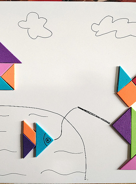 适合A4纸七巧板贴纸拼贴画小猫钓鱼4+6 儿童几何图形创意拼图贴画