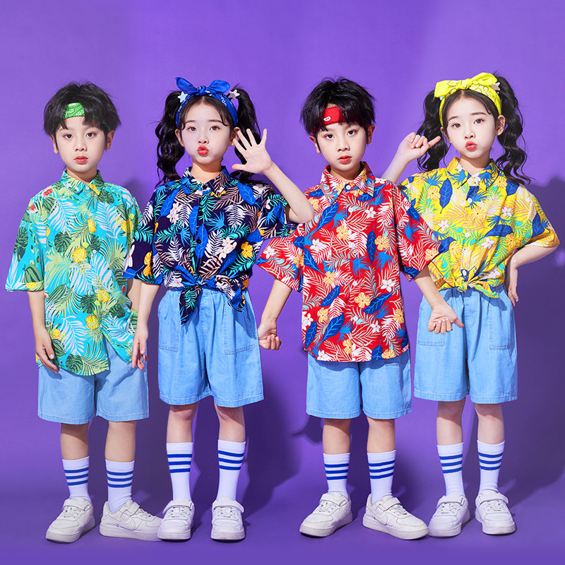 少儿青苹果乐园舞蹈服护花使者8090年代港风复古花衬衫演出服儿童图片