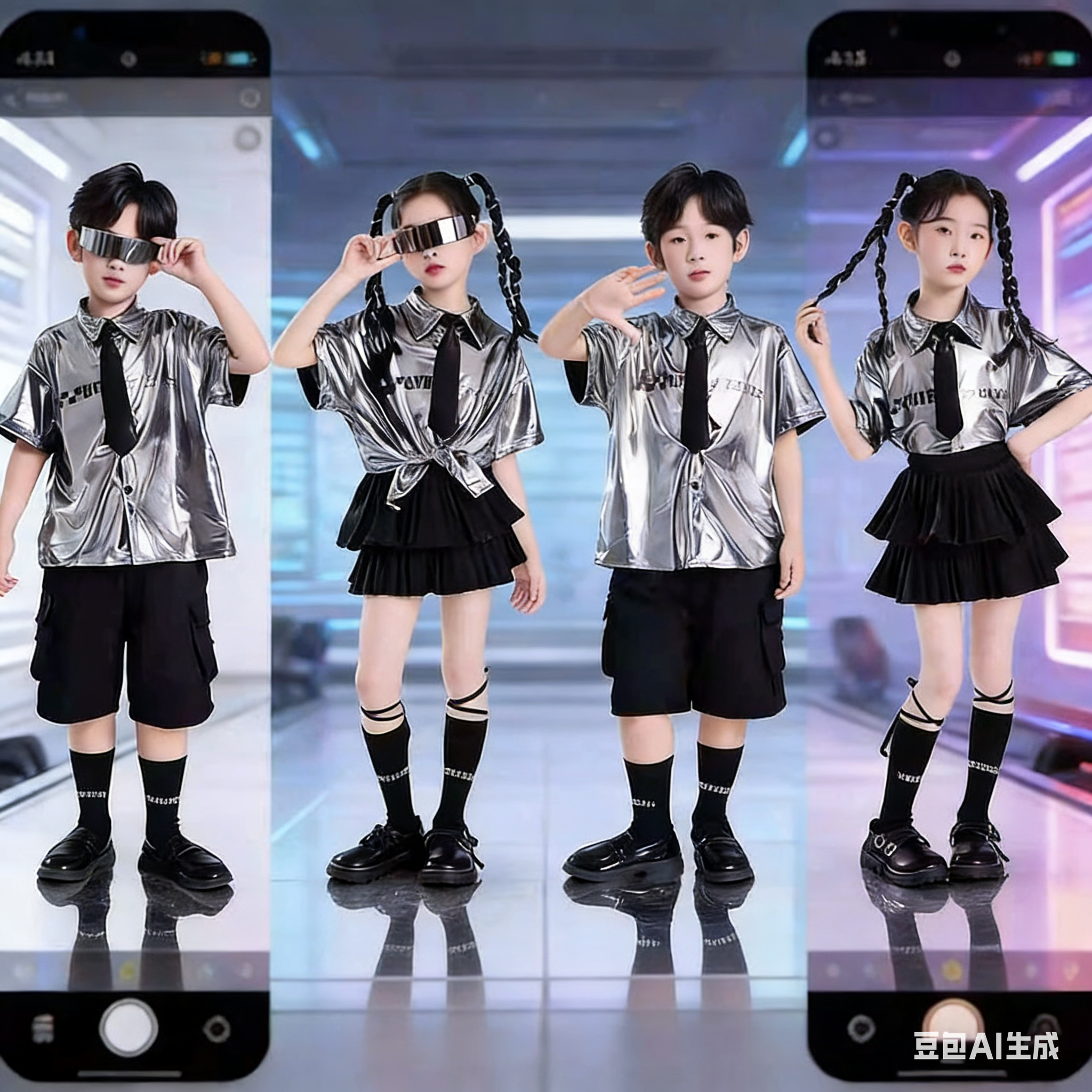 六一筑梦AI舞蹈服我和AI有个约定少儿科技演出服儿童爵士舞服银色