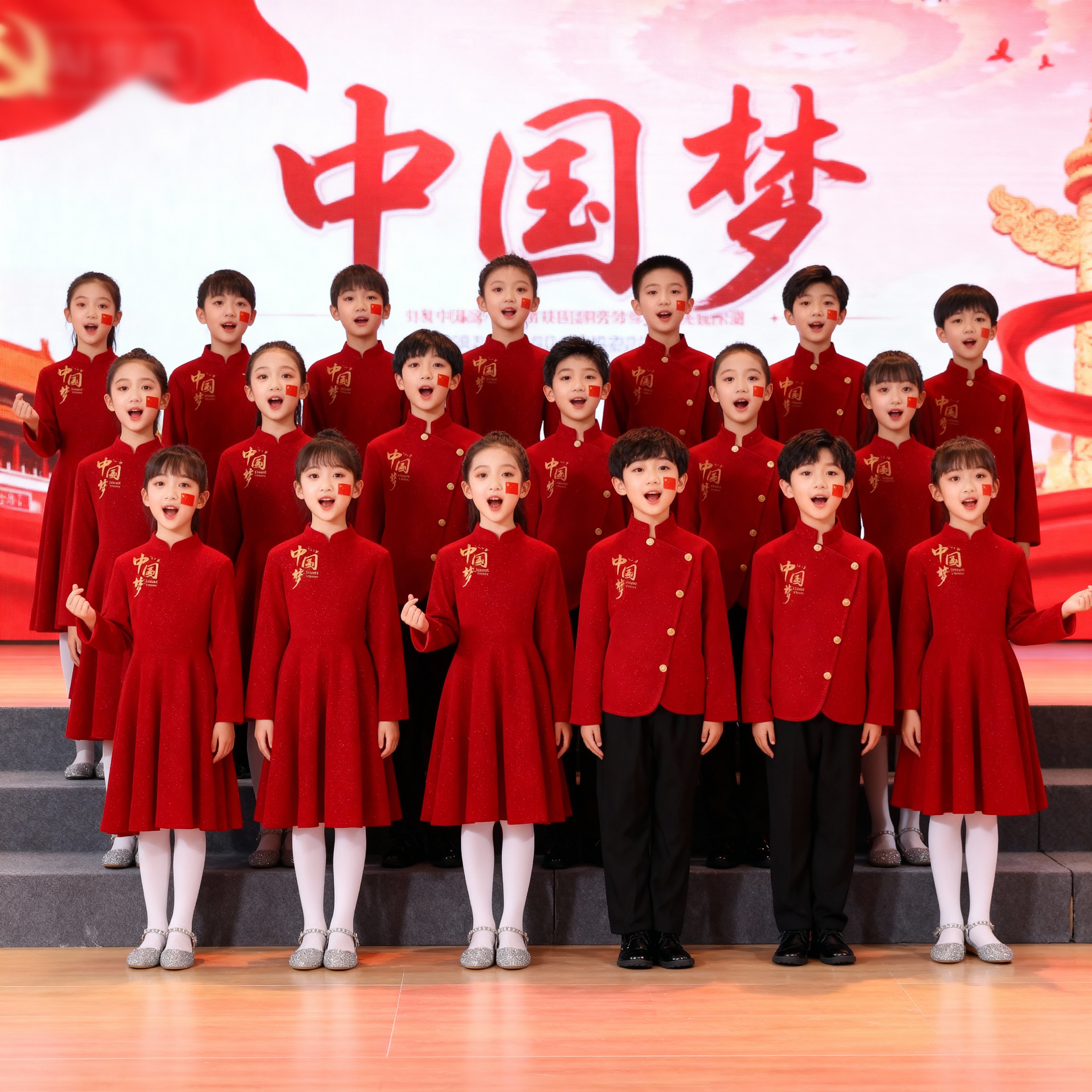 少年中国说红色演出服彩色的中国小学生红旗飘扬山河已无恙合唱服