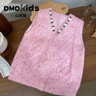 DUMENGDUO 女童羊绒衫粉色法式花朵马甲背心女宝宝山羊绒毛衣坎肩