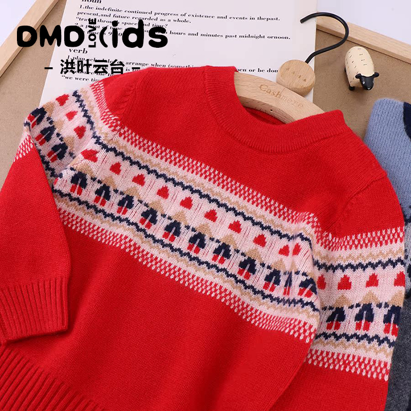 DUMENGDUO洪叶云台儿童100%山羊绒复古红色毛衣中大童宝宝羊绒衫