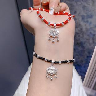 S999纯银长命锁宝宝婴儿童手链女生平安锁铃铛红绳脚链生日礼物