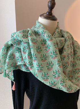 围巾女春季百搭时尚绿色棉麻纱巾女韩版夏季长款防晒披肩丝巾两用