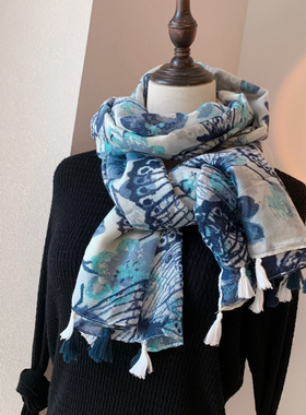韩版春季丝巾百搭时尚蓝色蝴蝶棉麻围巾长款薄款纱巾夏季防晒披肩