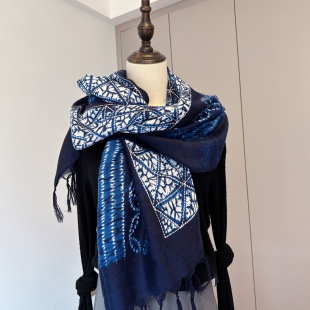 纱巾夏季 民族风春季 薄款 丝巾女百搭时尚 防晒披肩 藏青印花围巾长款