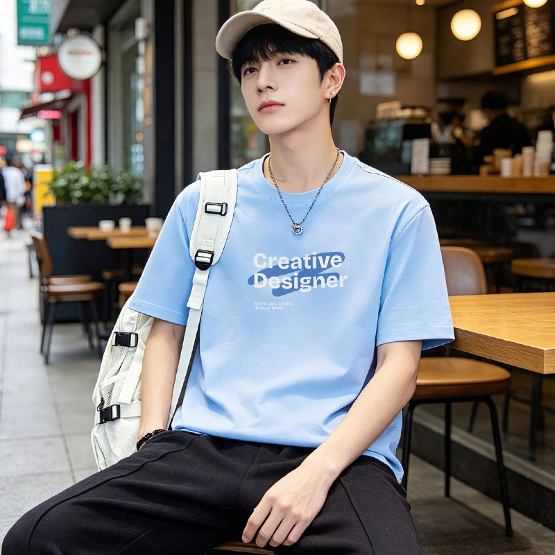 Teek Summer Men's Short-Sleeved T-Shirt Liquid Ammonia Mercerized Cotton Light Blue Pure Cotton Japanese Style Fresh Youth Half-Sleeved Top