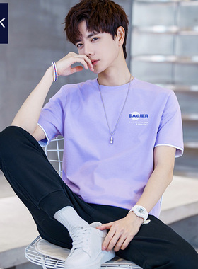 TEEK浅紫色假两件T恤短袖男装纯棉 2026新款夏季帅气青年潮流体恤