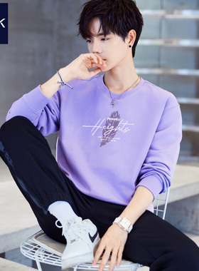 TEEK秋季新款男装纯棉卫衣 多巴胺浅紫色青少年学生春秋款长袖T恤