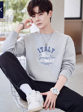 TEEK花灰色男装纯棉圆领卫衣 春季长袖T恤高级感大学生简约上衣服