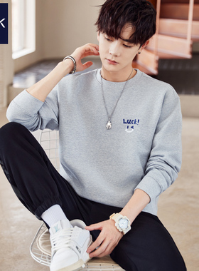 TEEK纯棉卫衣男款青少年春季 花灰色长袖T恤笑脸印花小众潮牌衣服