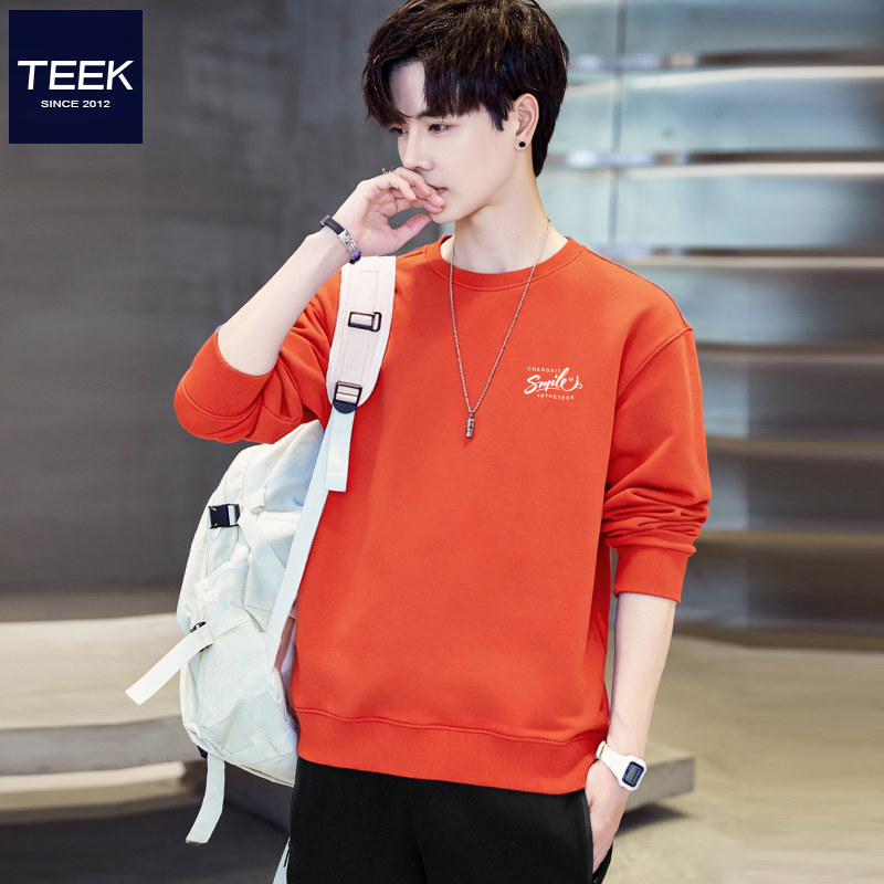 TEEK2026春季纯棉橘红色卫衣男 长袖T恤字母印花清新高中生上衣服