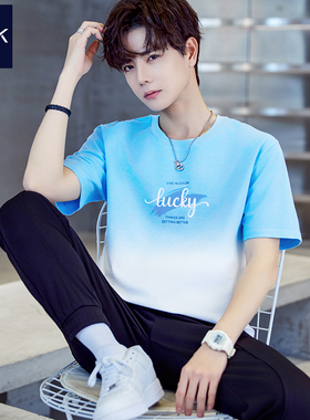 TEEK渐变色短袖T恤男2026夏季 吊染纯棉字母印花拼色清新半袖衣服