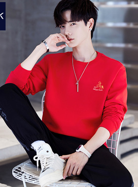 新年好运2026正红色卫衣纯棉男马年本命年加绒骏马生肖款属马衣服