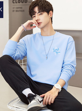 TEEK卫衣男秋冬季浅蓝色长袖T恤 高品质初中学生加厚帅气加绒衣服