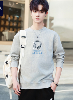 TEEK纯棉花灰色男士卫衣2026春季 长袖T恤耳机印花日系大学生上衣