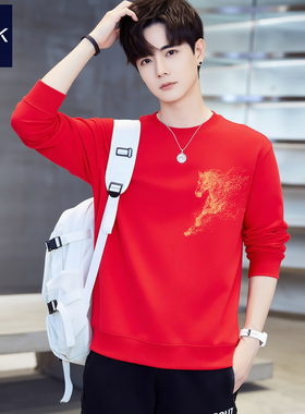 2026马年本命年正红色纯棉男卫衣秋冬季踏马流星加绒拜年战袍衣服