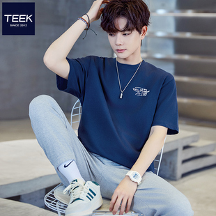 纯棉半袖 宝蓝色T恤男 麋鹿印花学生日系潮流衣服 短袖 TEEK2026夏季
