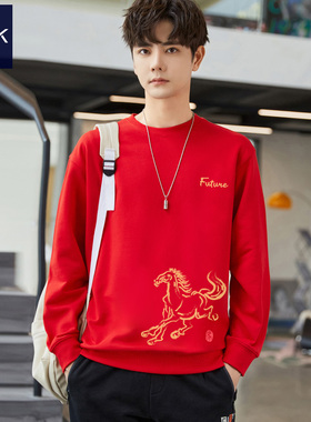 TEEK新年正红色战袍男装卫衣 2026本命年马年加绒过年长袖T恤衣服