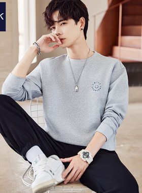TEEK春季花灰色新款男士卫衣纯棉 笑脸印花长袖T恤中学生韩版衣服