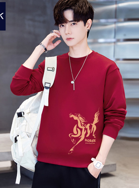 一马当先纯棉马年本命年卫衣酒红色男秋冬季骏马图案红色加绒衣服