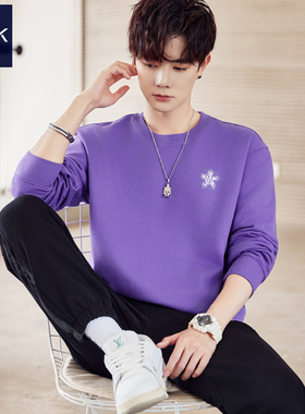 TEEK春季深紫色卫衣男装纯棉 长袖T恤五角星高中生美式高街上衣服