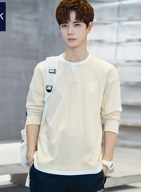 TEEK2026春季速干长袖T恤男款V领假两件内搭学生春装打底衫秋衣服