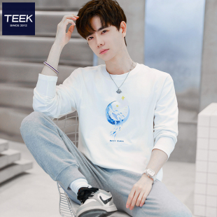 TEEK春季 长袖 T恤打底衫 国潮鲸鱼印花青少年内搭潮流上衣服 男装