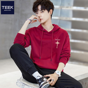 马年本命年酒红色纯棉带帽卫衣男中国结喜庆红色连帽新中式上衣服