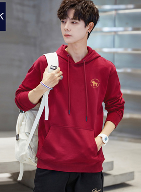 TEEK2026新款马年本命年连帽衫男卫衣酒红色拜年喜庆红色带帽衣服