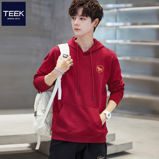 TEEK2026新款马年本命年连帽衫男卫衣酒红色拜年喜庆红色带帽衣服