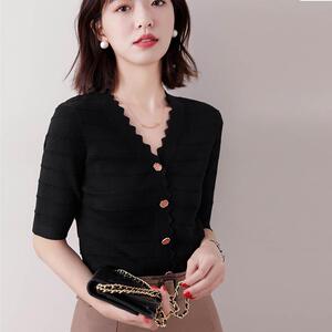 新款春秋季时尚女装冰丝针织女衫短浪款修身波边V领短袖
