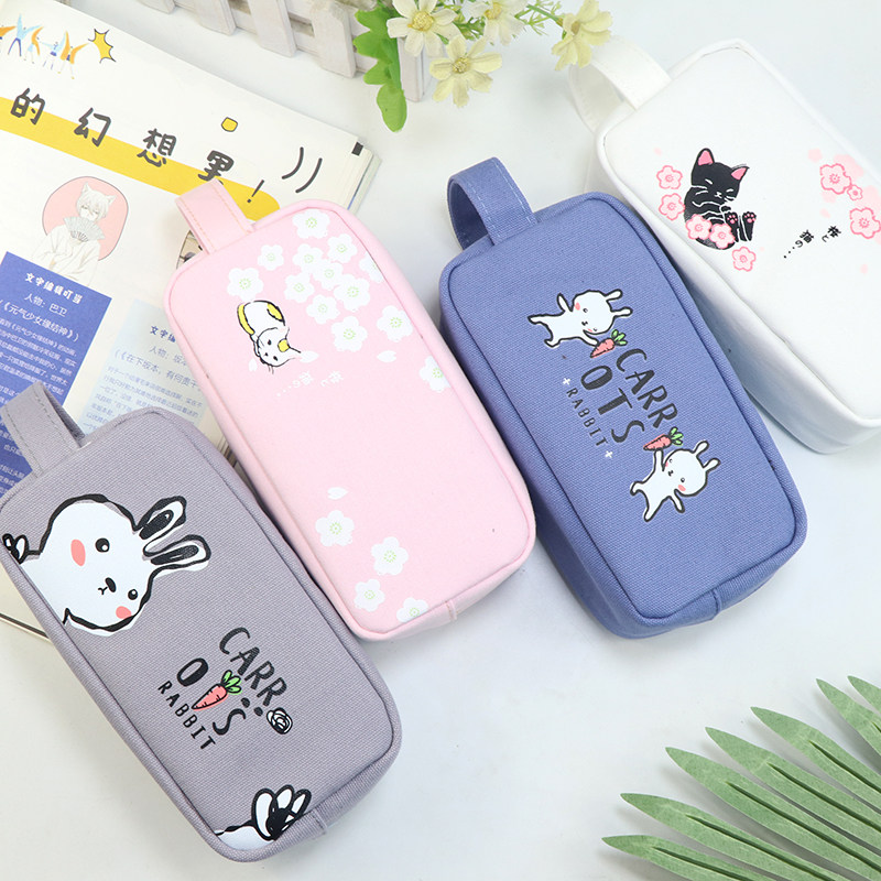 新款创意手拎帆布铅笔袋韩国女简约大容量文具盒学生收纳包化妆包