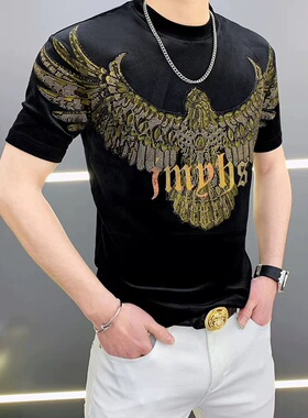 2026夏季新款男士印花烫钻韩版短袖T恤时尚圆领修身弹力短袖上衣