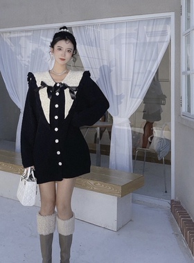 早春宽松显瘦可爱减龄撞色蝴蝶结针织衫外套大码时尚娃娃领上衣潮