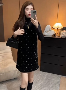 法式高级黑色波点连衣裙女装新款小香风加厚仿貂绒无袖百搭背心裙