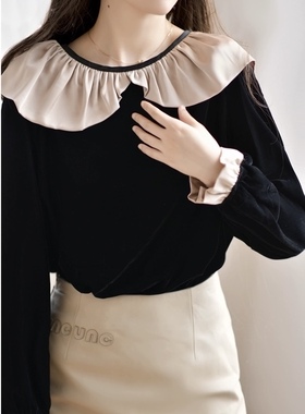 法式优雅香槟缎面减龄荷叶边领拼接丝绒长袖衬衣 绝美小衫