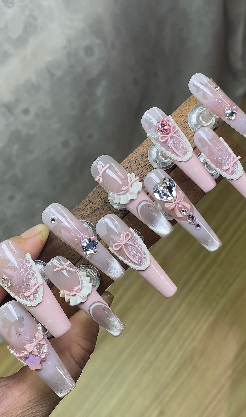 全华钻粉啵啵少女结甜美简约猫眼法式气质纯欲美甲贴片穿戴甲